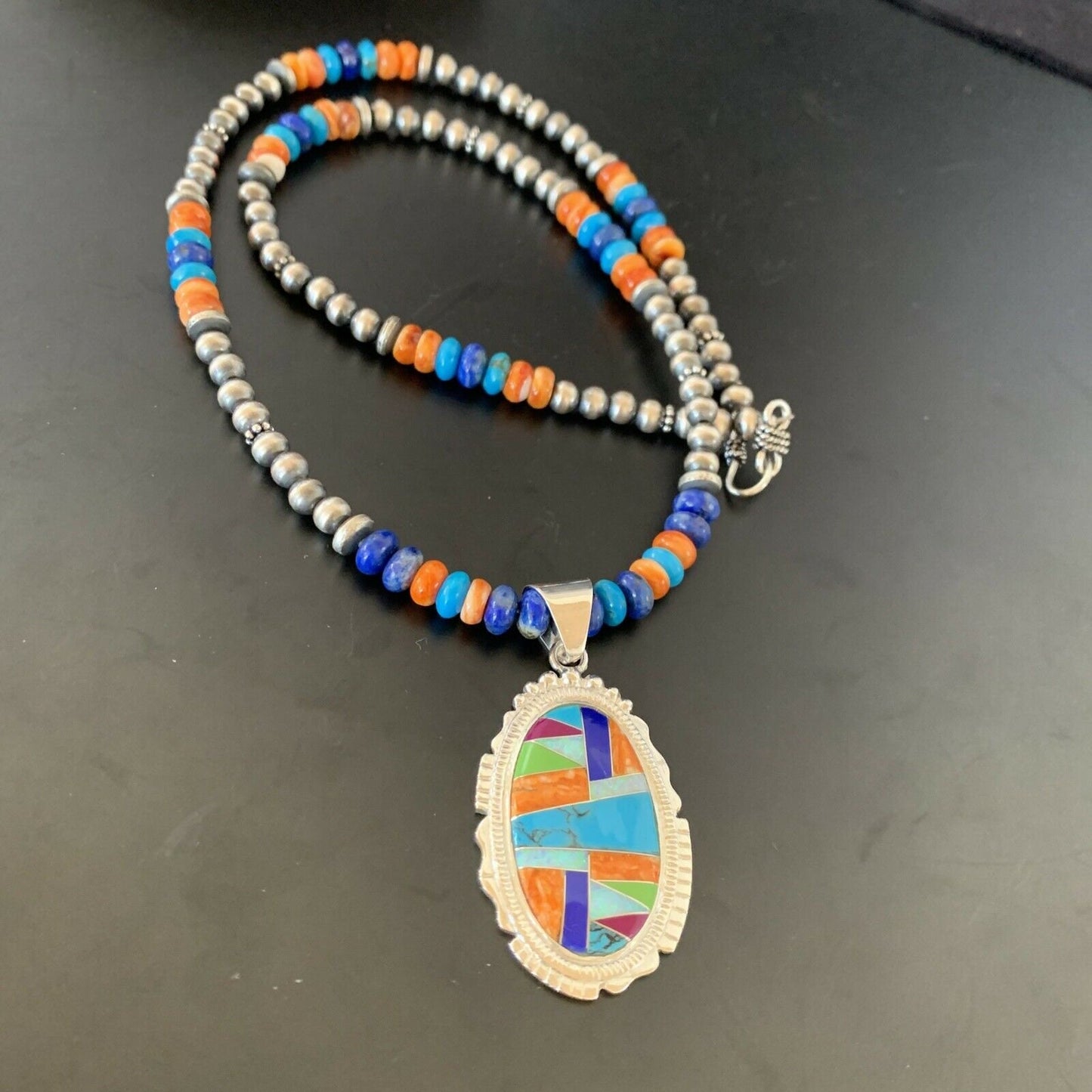 Navajo Spiny Oyster Turquoise Pendant Necklace | Sterling Silver | 21" | Authentic Native American Handmade | 11363 - Masha USA