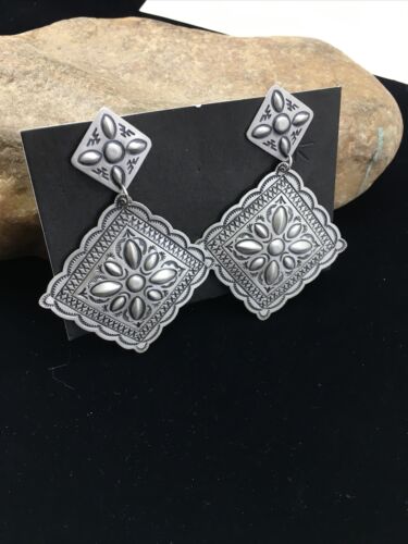 Native American Navajo Stamped Earrings | Sterling Silver | 2.75" | 1733 - Masha USA