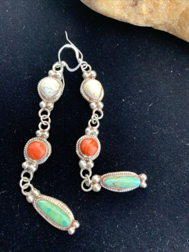 Navajo Howlite, Spiny Oyster & Turquoise Dangle Earrings | Sterling Silver | Authentic Native American Handmade | 1629