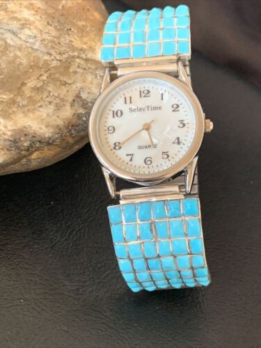 Men's Zuni Sterling Silver Watch with Blue Turquoise Inlay Tips | Authentic Native American Jewelry | 2119