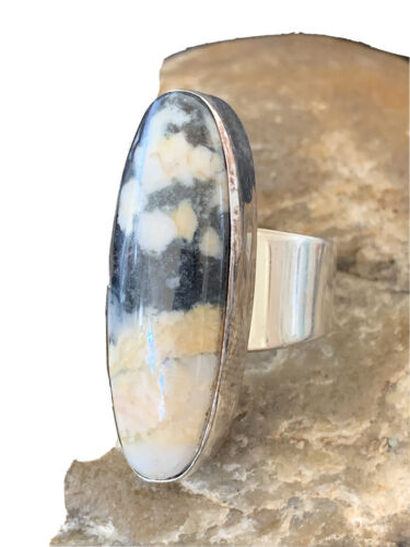 Southwestern Navajo Cinnabrite Ring | White Black | Sterling Silver | Sz 6.5 | 01549