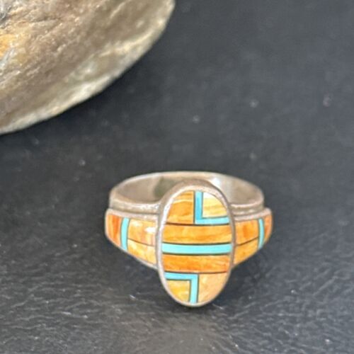 Southwestern Women's Navajo Blue Turquoise Spiny Oyster Inlay Ring | Sz 7 | 14556