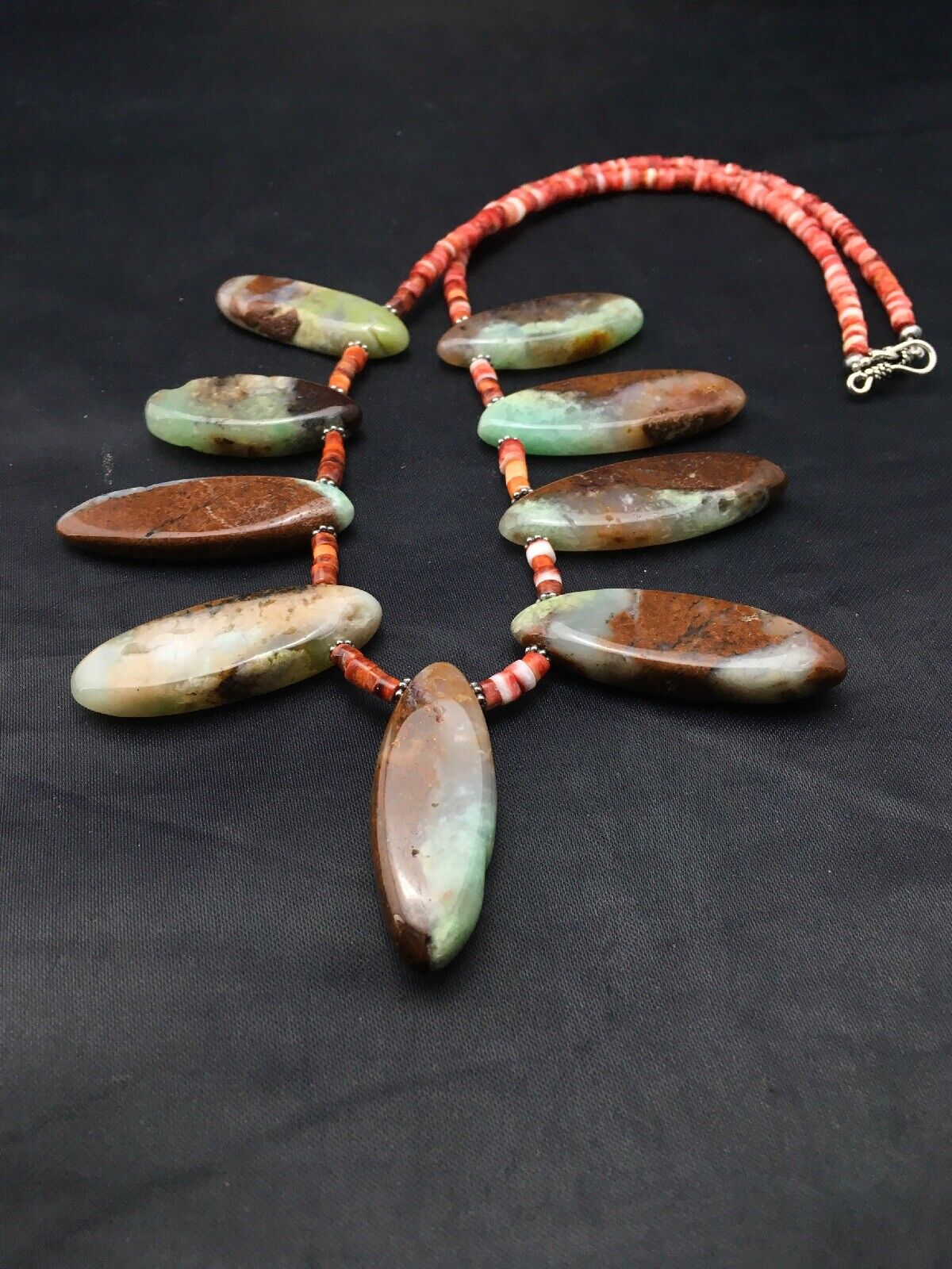 Navajo Green Chrysoprase & Spiny Oyster Necklace | Sterling Silver | 20" | Authentic Native American Handmade | 4284