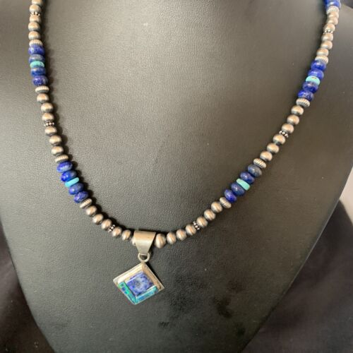 Navajo Men's Blue Lapis Turquoise Opal Inlay Pendant Necklace | Sterling Silver | 21" | 12604