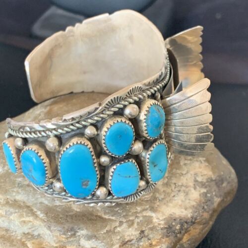 Navajo Sterling Silver Watch Cuff Bracelet | Blue Kingman Turquoise | Authentic Native American Men's Jewelry | 11932