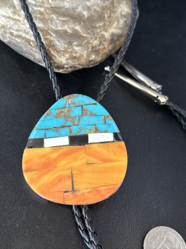 Men's Santo Domingo Bolo Tie | Turquoise Spiny Oyster | Sterling Silver Tips | Native American Handmade | 14632