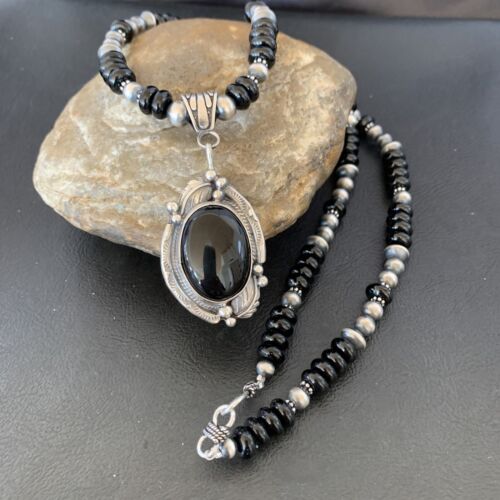 Native American Men's Navajo Pearl Necklace Pendant | Sterling Silver Black Onyx | 10805