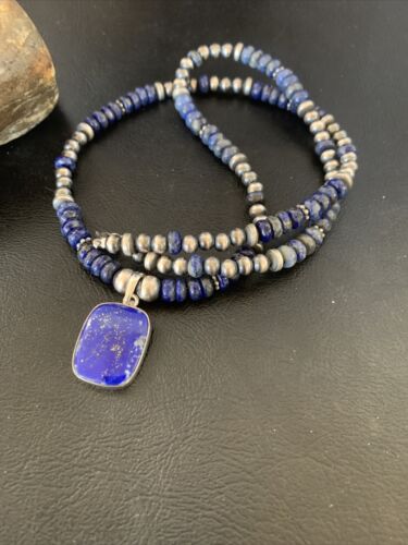 Native American Navajo Blue Lapis Pendant Necklace | Sterling Silver | Authentic Handmade | 12250 - Masha USA