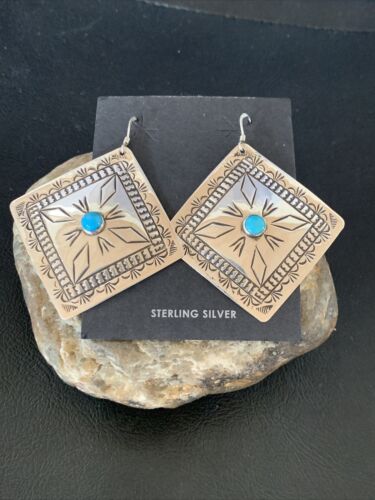 Navajo Blue Turquoise Earrings | Stamped Sterling Silver | Authentic Native American Handmade | 12912