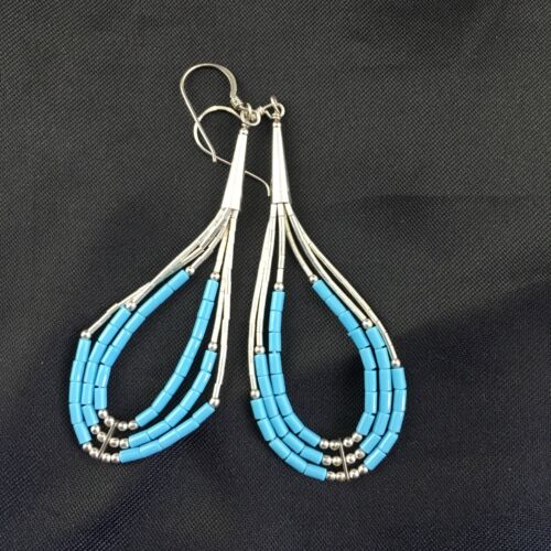 Native American Turquoise Heishi Tube Dangle Earrings | Sterling Silver | 2" | 8875