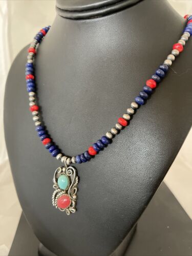 Navajo Pearls Sterling Silver Pendant Necklace | Lapis, Turquoise & Coral | Native American Handmade | 01176