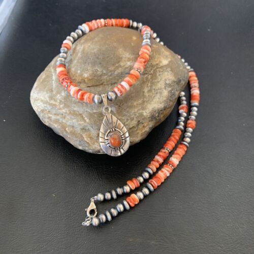 Navajo Pearl Necklace with Red Apple Coral & Spiny Oyster Pendant | Sterling Silver | 12373