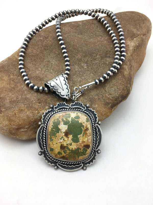 Navajo Royston Turquoise Pendant Necklace | Sterling Silver | Authentic Native American Handmade | 4215