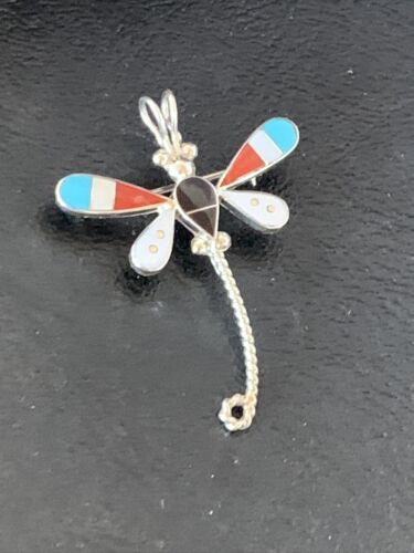 Zuni Turquoise Mother of Pearl Inlay Dragonfly Necklace Pin Pendant | Sterling Silver | 12317
