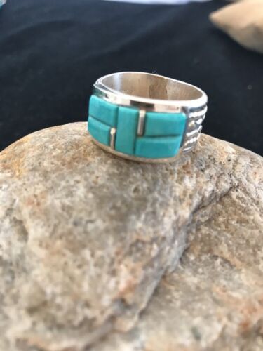 Navajo Turquoise Inlay Sterling Silver Thumb Ring | Sz 14 | Handmade Southwestern