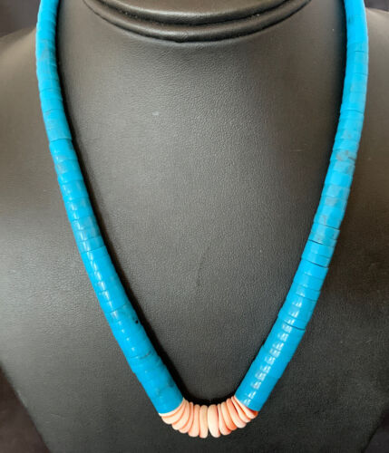 Southwestern Santo Domingo Spiny Oyster & Blue Turquoise Graduated Necklace | Authentic Native American | 19" | 12526