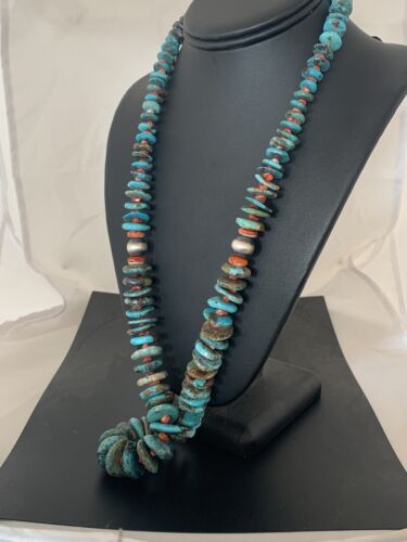 Navajo Pearls Natural Blue Turquoise & Spiny Oyster Necklace | Sterling Silver | Graduated | Authentic Native American | 28" | 00381
