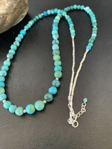 Navajo Women's | Natural Blue Turquoise Bead Necklace | Sterling Silver | 25" | Authentic Native American Handmade | 11664