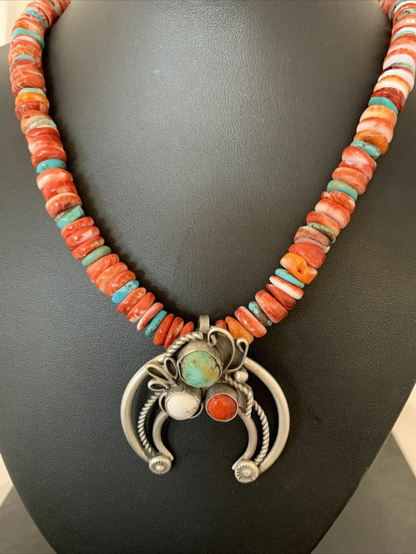 Navajo Pearls Sterling Silver Necklace | Red Spiny Oyster & Turquoise Naja Pendant | Authentic Native American Handmade