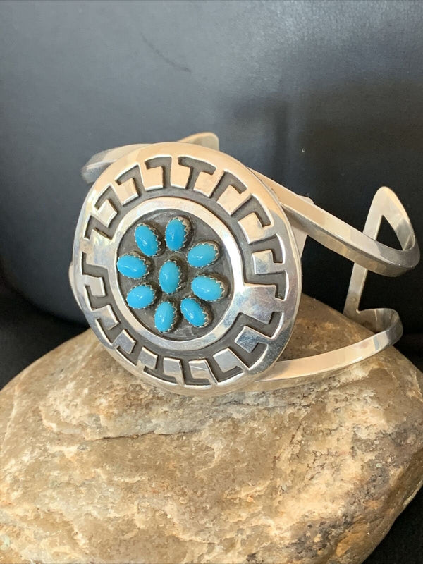 Men's Cluster Navajo Blue Kingman Turquoise Cuff Bracelet | Sterling Silver | Authentic Native American Handmade | 1652
