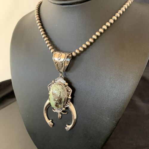 Navajo Green Spiderweb Turquoise Necklace with Naja Pendant | Sterling Silver | Authentic Native American Handmade | 2246