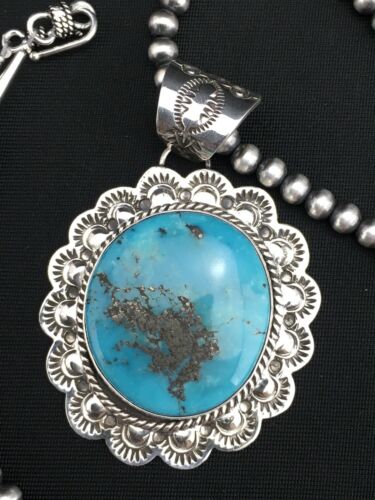 Men's Kingman Turquoise Pendant | Navajo Pearl Sterling Silver Necklace | Authentic Native American Handmade | 4876