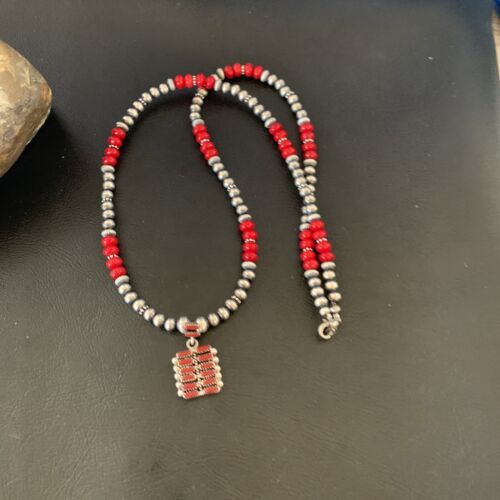 Southwestern Zuni Red Coral Corn Inlay Necklace Pendant | Sterling Silver | 21" | 12588
