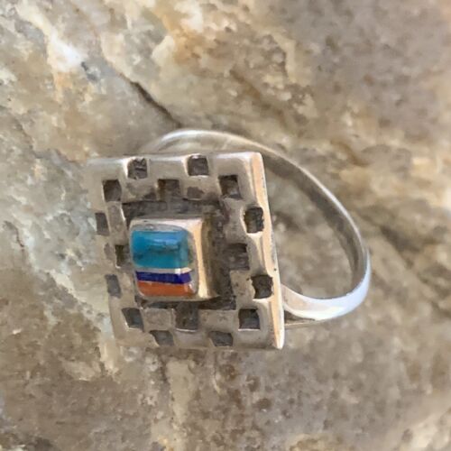 Native American Women's Navajo Green Turquoise Coral Inlay Ring | Sz 7.5 | 13159