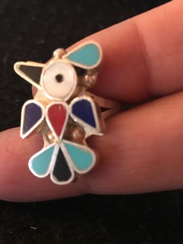 Zuni Peyote Bird Ring | Turquoise Onyx Coral Mother of Pearl Inlay | Sz 6.6 | Sterling Silver | 10792