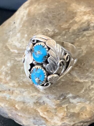 Navajo Blue Kingman Turquoise Feather Ring | Authentic Native American Sterling Silver | Multi-Stone | Sz 10.5 | 12219