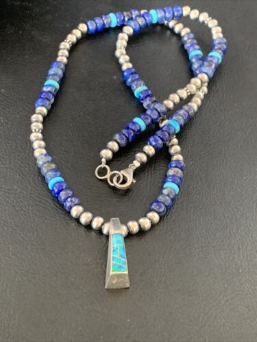 Navajo Men's Pendant | Blue Lapis Turquoise Opal Inlay | Sterling Silver Necklace | 22" | 13387