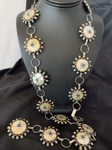 Zuni Old Pawn Sun Face Inlay Concho Belt | Sterling Silver | Native American Handmade | 40" | 12109