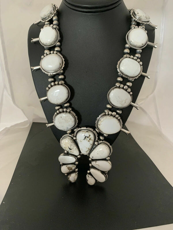 Navajo White Buffalo Turquoise Naja Pendant | Sterling Silver Squash Blossom Necklace | 21" | 00629