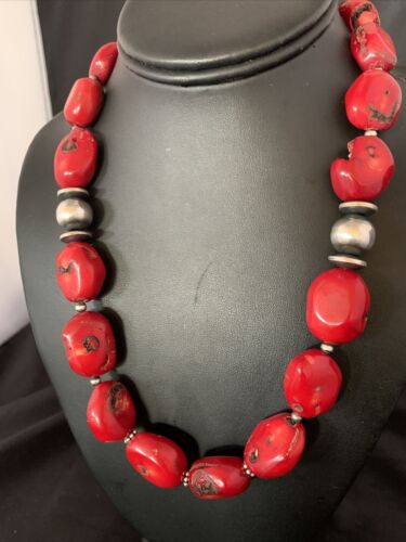 Navajo Red Coral Bead Necklace | Sterling Silver | Graduated | Authentic Native American | 21" | 13199