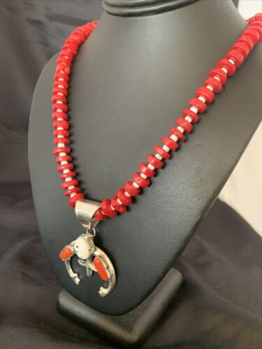 Navajo White Buffalo Turquoise Coral Naja Pendant | Sterling Silver | Authentic Native American Handmade | 10519