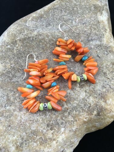 Navajo Orange Coral Turquoise Earrings Set | Sterling Silver | Authentic Native American Handmade | 1784