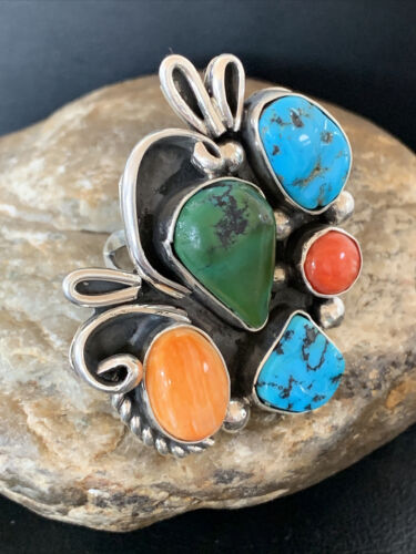 Native American Navajo Sterling Silver Ring | Blue Turquoise & Spiny Oyster | Multi-Stone | Sz 9.5 | 02160