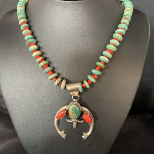Navajo Pearl Necklace with Royston Turquoise & Coral Naja Pendant | Sterling Silver | 13813