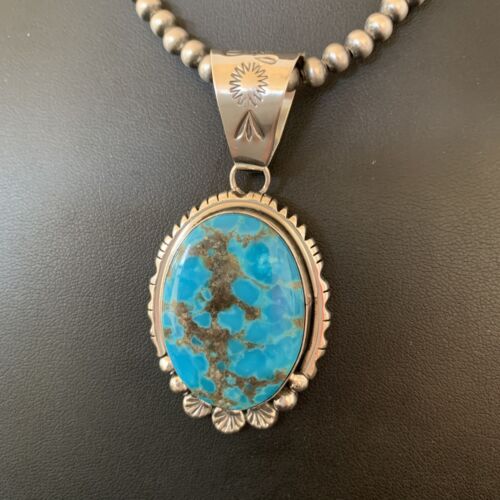 Navajo Pearls Blue Kingman Turquoise Necklace Pendant | Sterling Silver | Authentic Native American Handmade | 10765