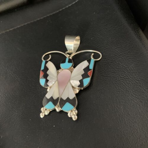 Zuni Butterfly Pendant Necklace | Turquoise Mother of Pearl Onyx Inlay | Sterling Silver | 13684