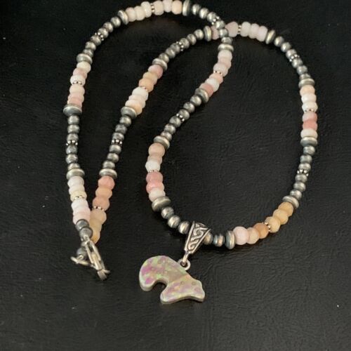 Navajo Bear Pink Opal Bead Necklace | Sterling Silver Inlay Pendant | Authentic Native American Handmade | 13459