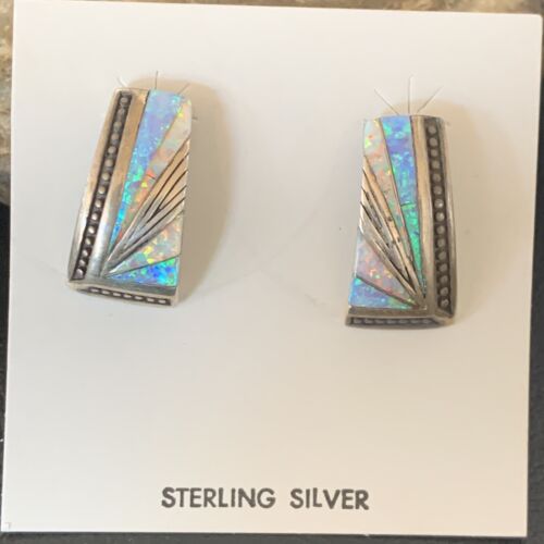 Navajo Blue White Opal Inlay Earrings | Sterling Silver | Authentic Native American Handmade | 12117 - Masha USA