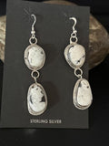 Navajo White Buffalo Turquoise Dangle Earrings | Sterling Silver | 2" | Authentic Native American Handmade | 14712
