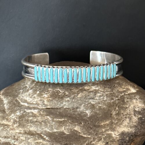Zuni Blue Turquoise Inlay Cuff Bracelet | Sterling Silver | Authentic Native American Handmade | 14588