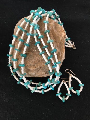 Navajo Sterling Silver 3-Strand Turquoise Necklace with Bone Earrings Set | Authentic Native American Handmade