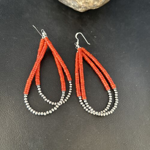 Southwestern Coral Heishi Bead Earrings | Sterling Silver | 3.5" | 14425