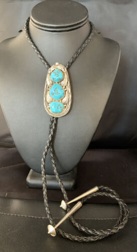 Ultra Rare Navajo Men's Bolo Tie | Blue Kingman Turquoise | Sterling Silver | Authentic Native American Handmade | 13667