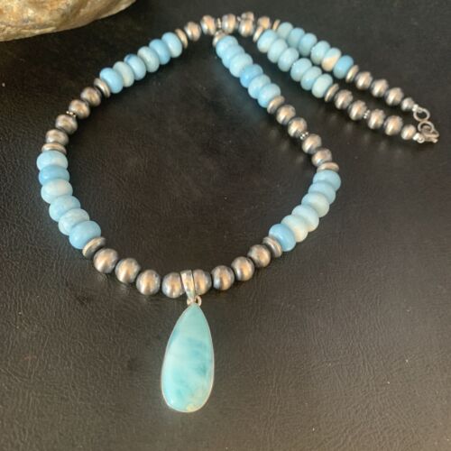 Men's Blue Larimar Pendant | 10mm Navajo Sterling Silver Natural Necklace | Authentic Native American Handmade | 13998