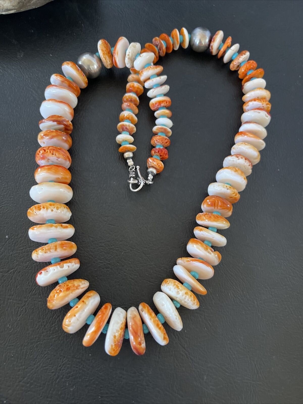 Authentic Native American Navajo Turquoise & Orange Spiny Oyster Necklace | Sterling Silver | Graduated | 22" | 10588