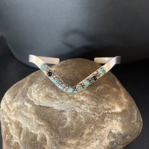 Navajo Old Pawn Cuff Bracelet | Sterling Silver | Handmade Blue Turquoise & Onyx | 13583
